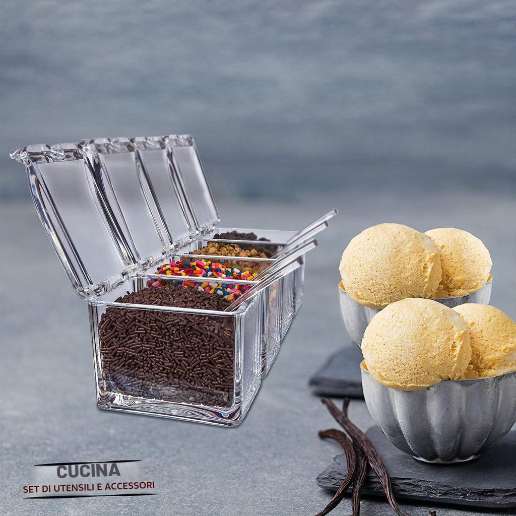 YIQI Clear Condiment Rack Spice Pots - 4 Piece Acrylic Condiment Box - Condiment Container Jars - Ampoule with Cover and Spoon