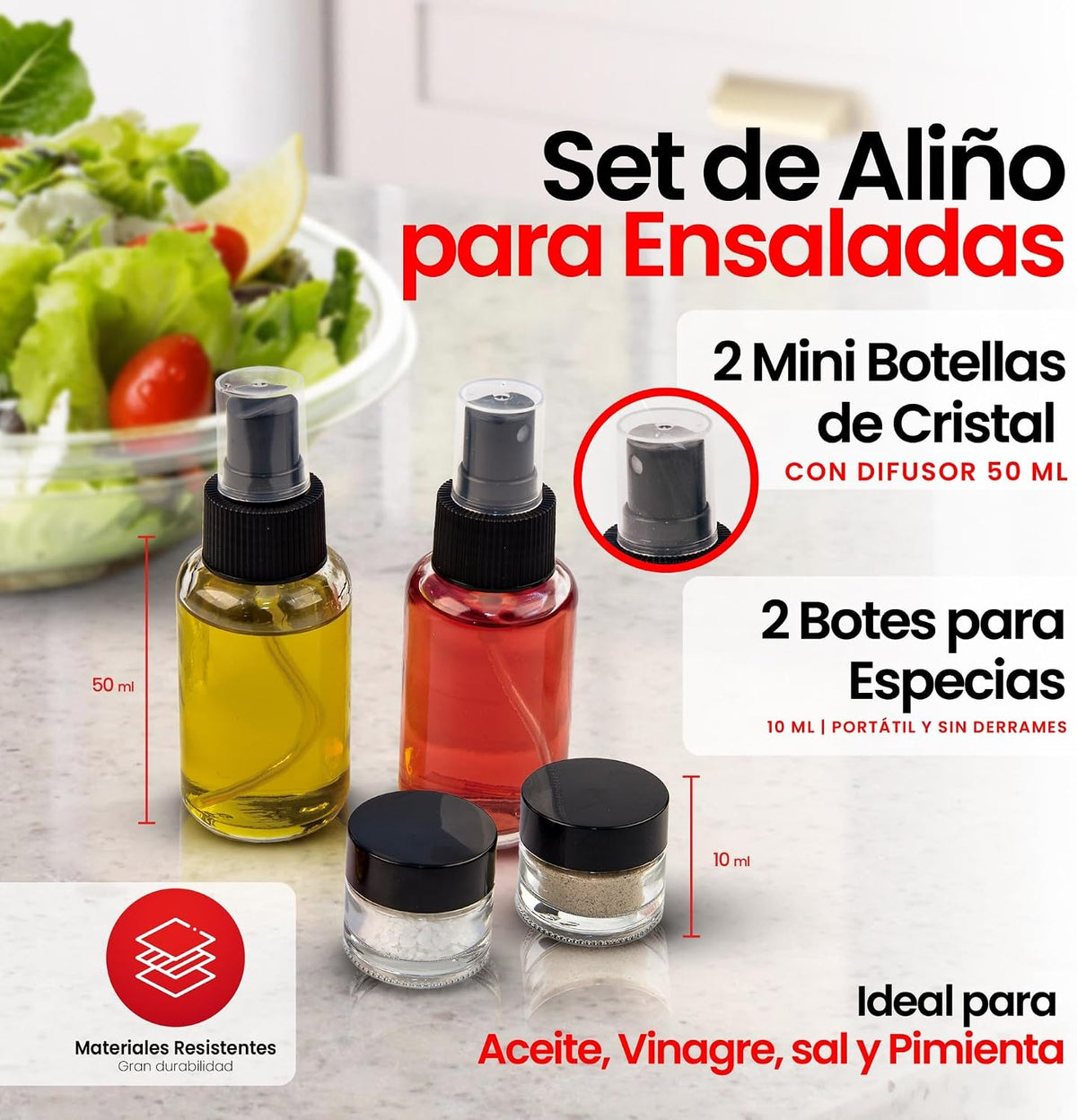 IRIS Glass Food Dressing Set of 2 Spray Bottles Liquids (Oil & Vinegar) 50 ml 2 Screw-Top Containers for Spices 10 ml Each Seasoning Glass, Stainless Steel