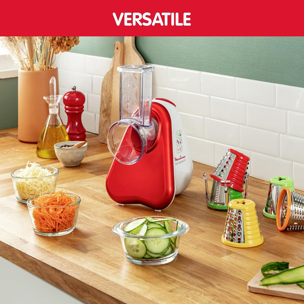 Moulinex DJ755G10 Fresh Express Plus Electric Grater Slicer, 5 Cutting Functions, 150 W, 1 L, 1 Decibel, Plastic, Red
