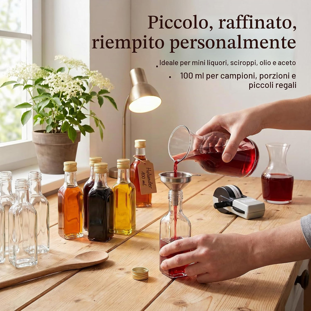 gouveo Set of 24 Square Maraska Glass Bottles (0.10L) with Gold Screw Cap PP 24 for Liqueur Syrup Oil Vinegar Portion and Tasting Bottles (MFET100G)