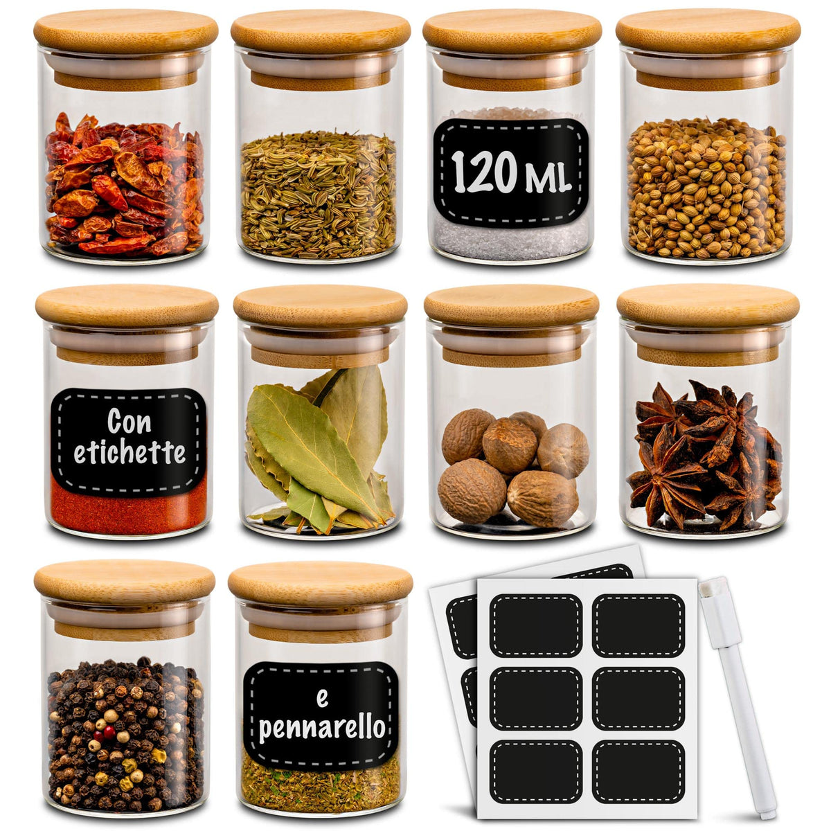 Praknu Glass Spice Jars with Lids Set of 8 x 250 ml – Spice Containers for Kitchen – Airtight – with Labels – Dishwasher Safe – Spices, Herbs and Tea