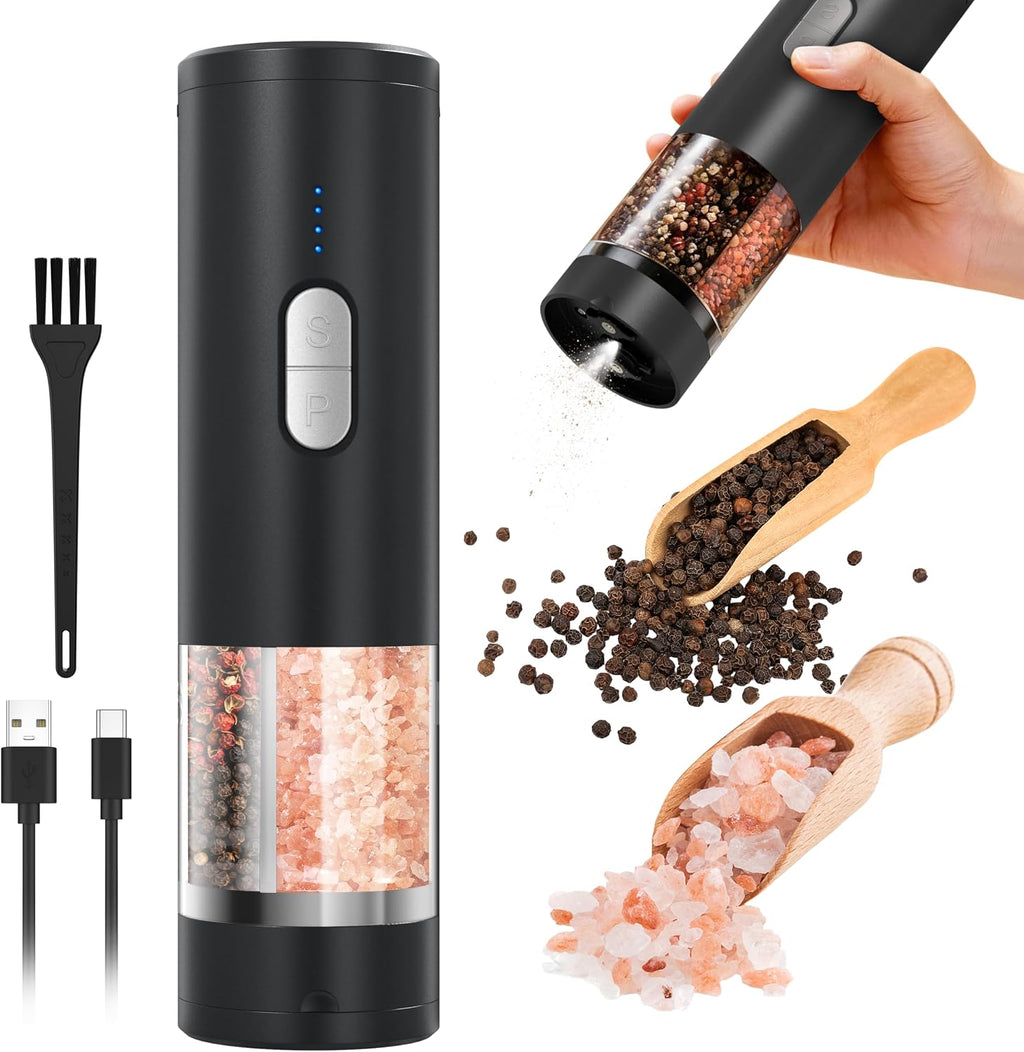 2 in 1 Electric Salt and Pepper Grinder Set (USB Rechargeable) Automatic Salt and Pepper Mill with LED Lighting One Hand Operated Adjustable Grit Perfect for Kitchen