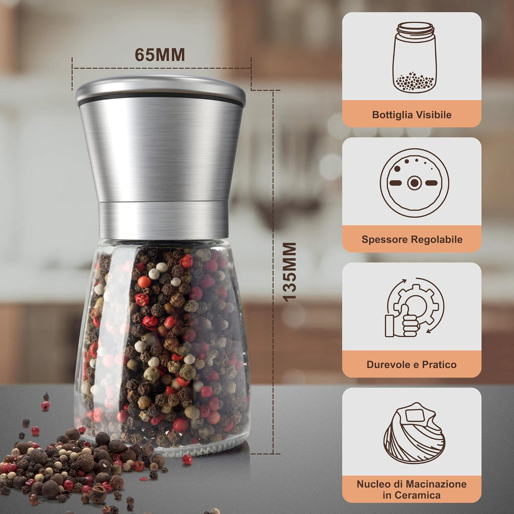 KitchenBoss Salt Mill 2 Pieces Manual Pepper Mill with Ceramic Grinding Core, for Coarse Sea Salt, Pepper Beans [Without Spice Content]