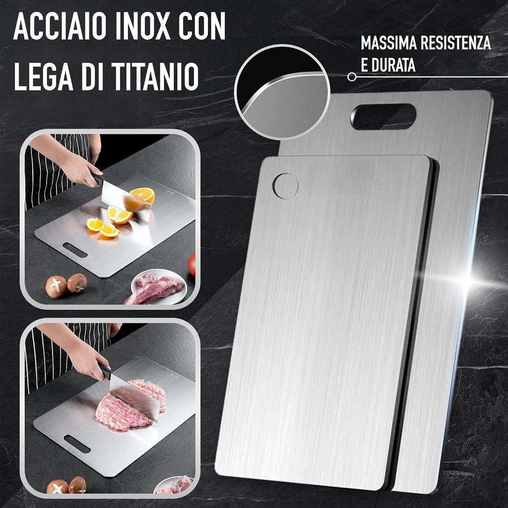 Set di 3 - Tagliere Acciaio Inox Reversibile in Lega Titanio – Set da Cucina Professionale SUS316/SUS 304 + Ganci e Panni – Tagliere in Acciaio Inox Alimentare - Antibatterico e Resistente | 3‑Stars