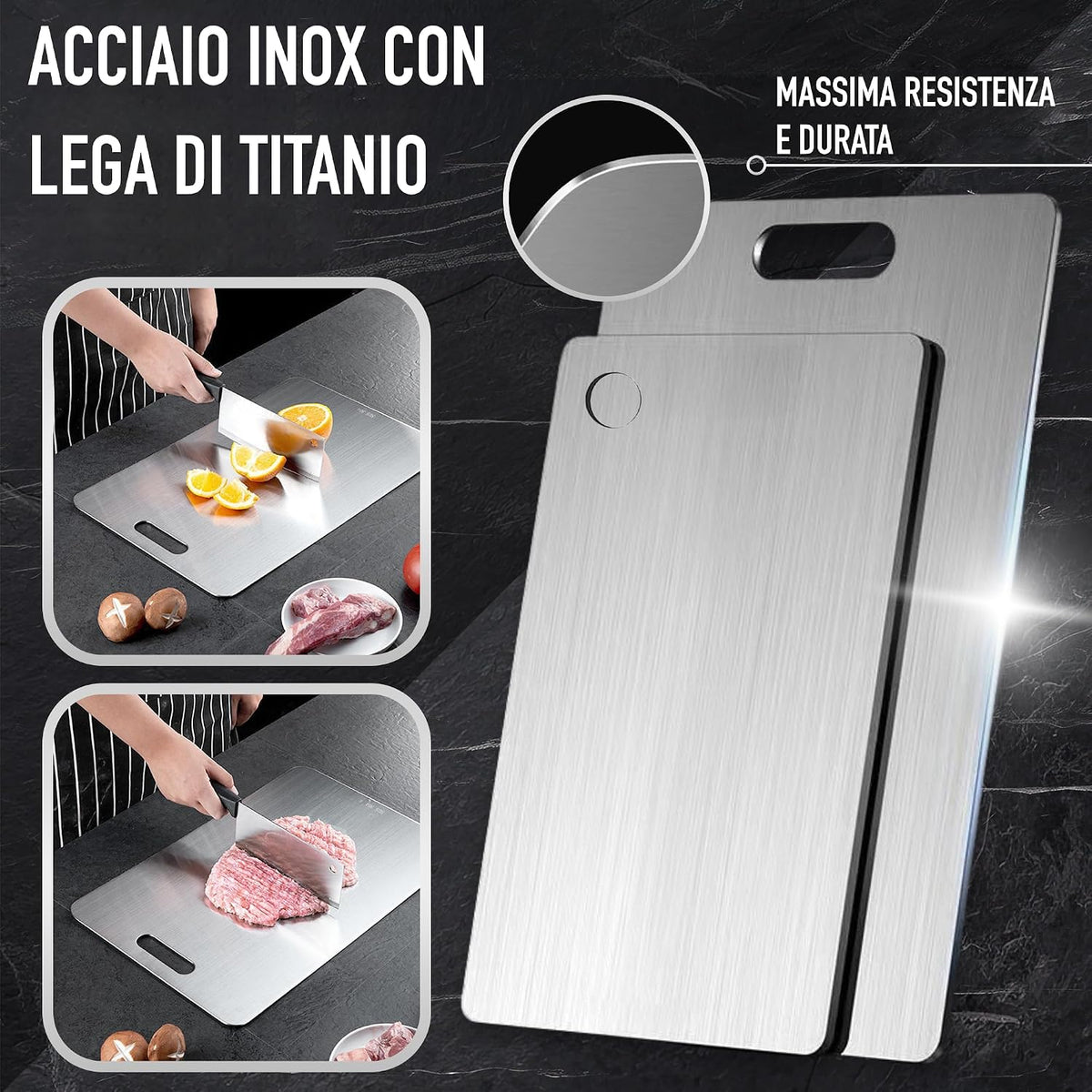 Set di 3 - Tagliere Acciaio Inox Reversibile in Lega Titanio – Set da Cucina Professionale SUS316/SUS 304 + Ganci e Panni – Tagliere in Acciaio Inox Alimentare - Antibatterico e Resistente | 3‑Stars