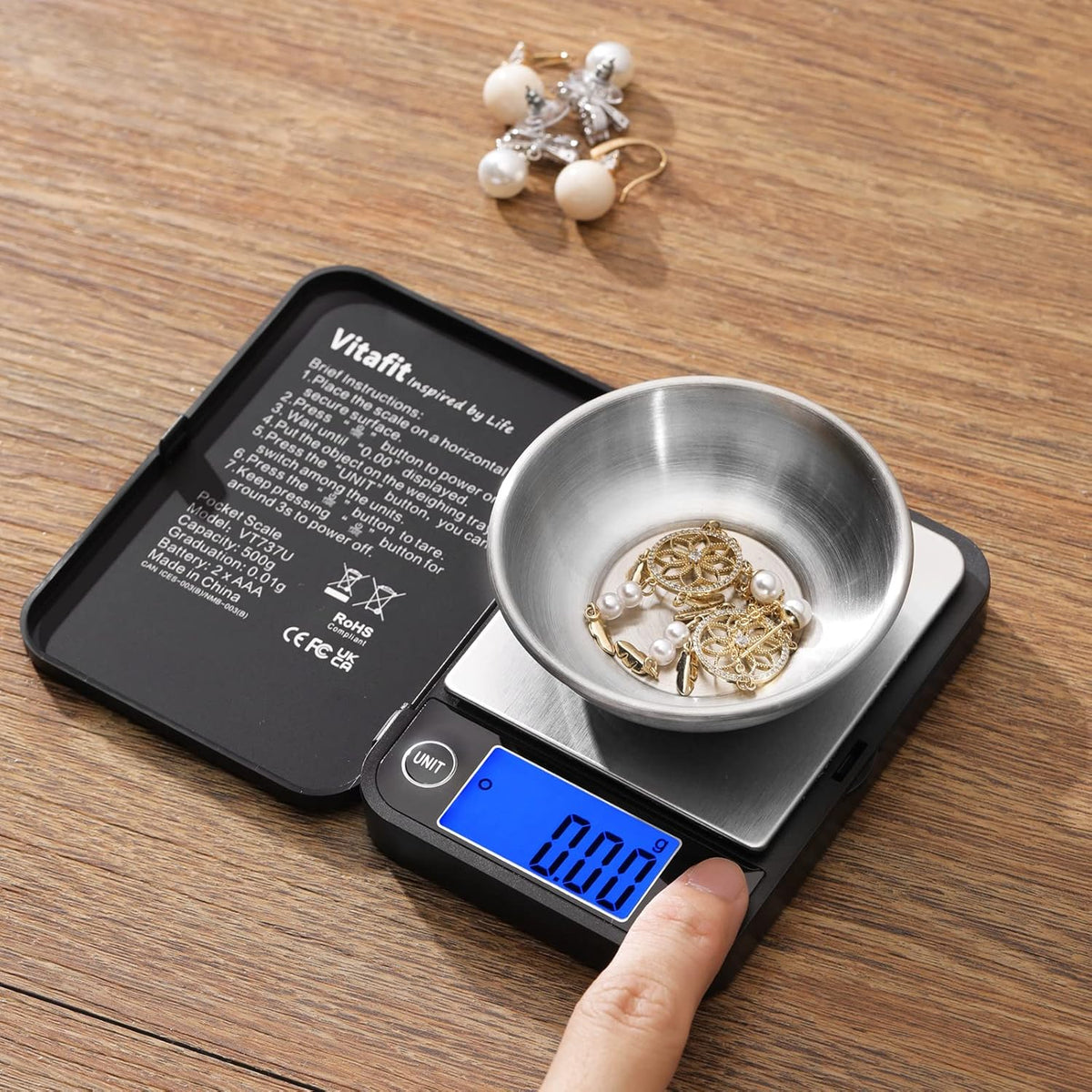 Vitafit 500g Bilancia di Precisione 0.01g, Bilancia Tascabile LCD Blu, Nera