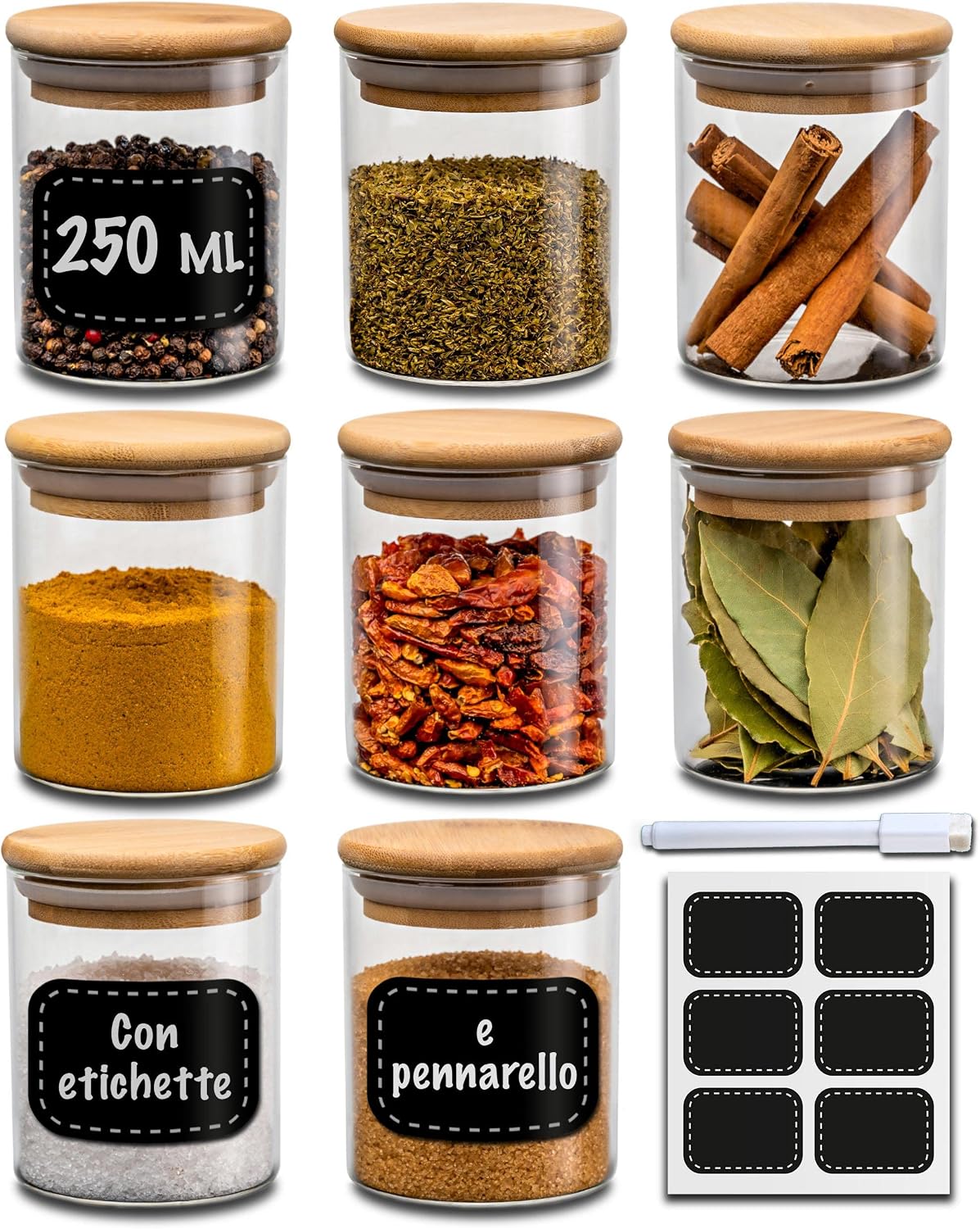 Praknu Glass Spice Jars with Lids Set of 8 x 250 ml – Spice Containers for Kitchen – Airtight – with Labels – Dishwasher Safe – Spices, Herbs and Tea
