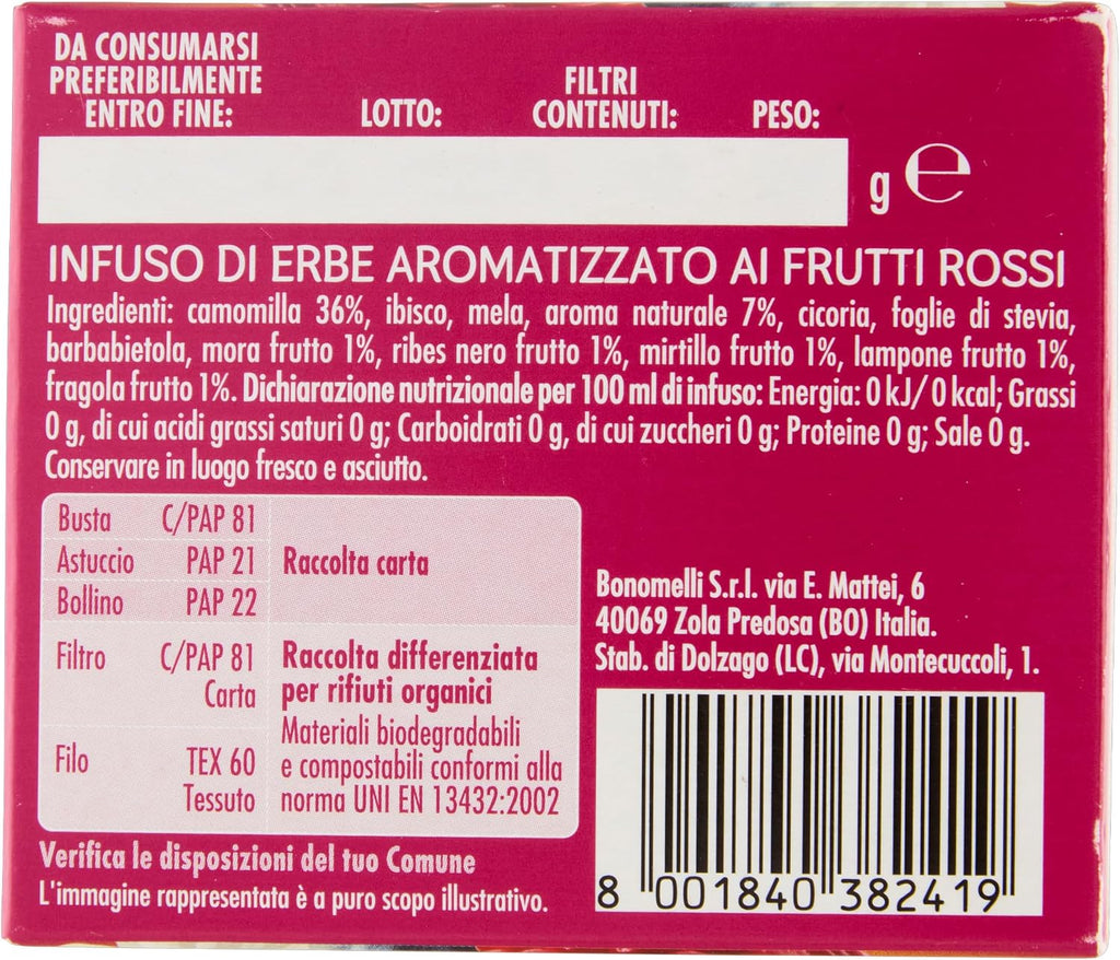 Bonomelli - Infusi Armoniosi - Camomilla e Frutti Rossi, Confezione da 12 filtri - Infusione a Caldo e a Freddo, Ingredienti 100% Naturali, Senza Zuccheri e Senza Calorie (24g)