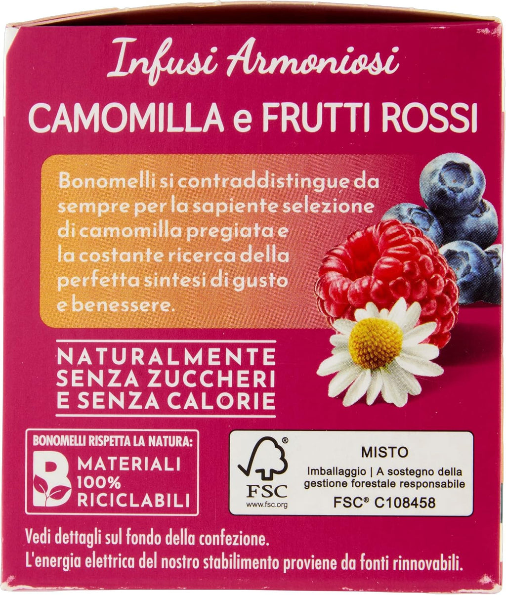 Bonomelli - Infusi Armoniosi - Camomilla e Frutti Rossi, Confezione da 12 filtri - Infusione a Caldo e a Freddo, Ingredienti 100% Naturali, Senza Zuccheri e Senza Calorie (24g)