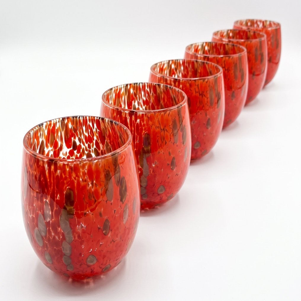 Blue and Red Hand Blown and Handcrafted Wine Goblets and Glasses with Aventurine Glass "I Colori di Murano" - Made in Italy: 6 RED GLASSES