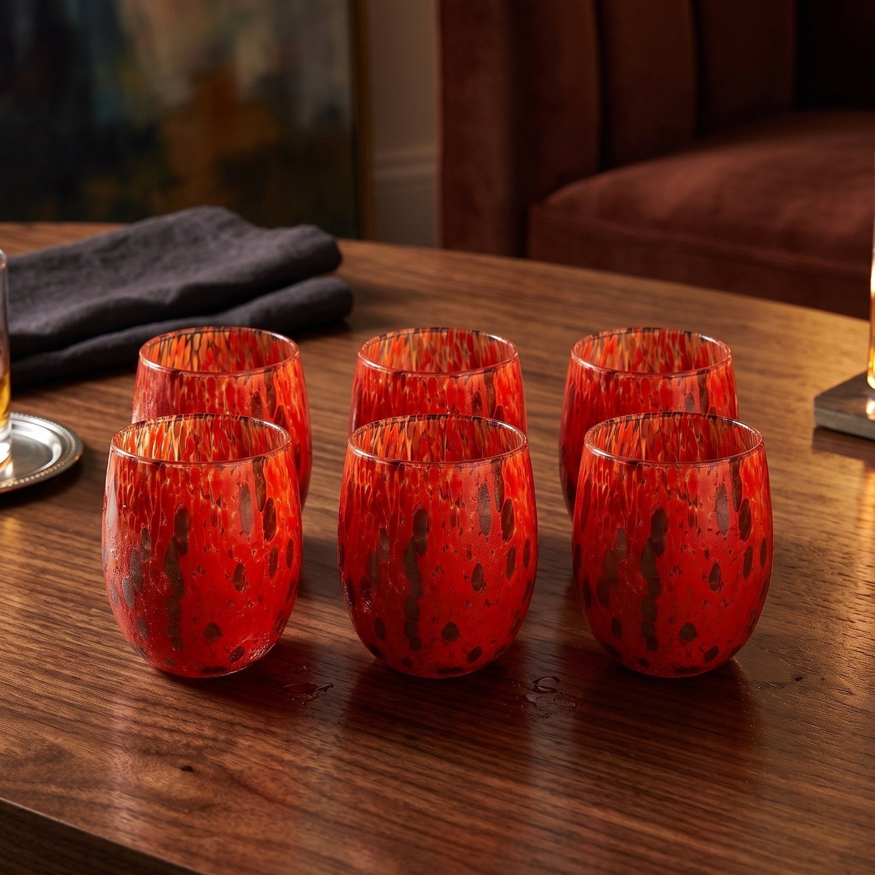 Blue and Red Hand Blown and Handcrafted Wine Goblets and Glasses with Aventurine Glass "I Colori di Murano" - Made in Italy: 6 RED GLASSES