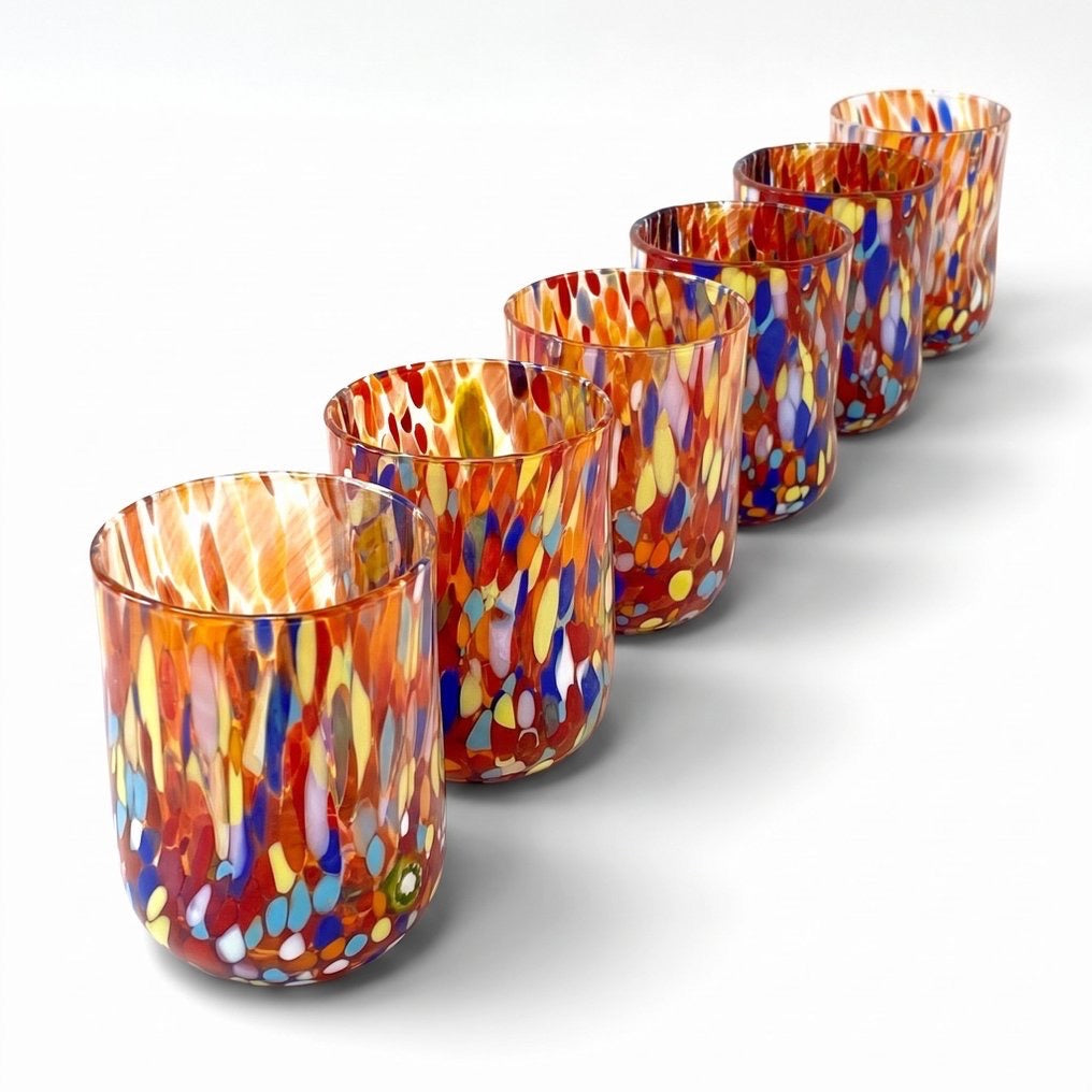 Cilindro Classic Hand-Blown and Hand-Worked Glasses with Murano Murrine, "I Colori di Murano" line 400 ml. Made in Italy: RED / 6