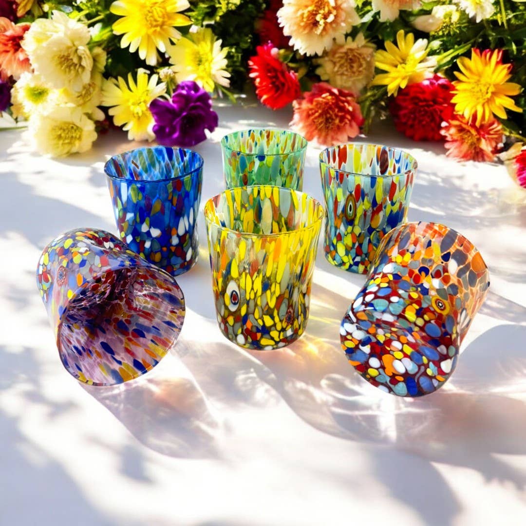 Bicchieri Tumbler Classic in Vetro Soffiati e Lavorati a Mano con Murrine di Murano, linea “I Colori di Murano” 350 ml. Made in Italy: MIX / 6