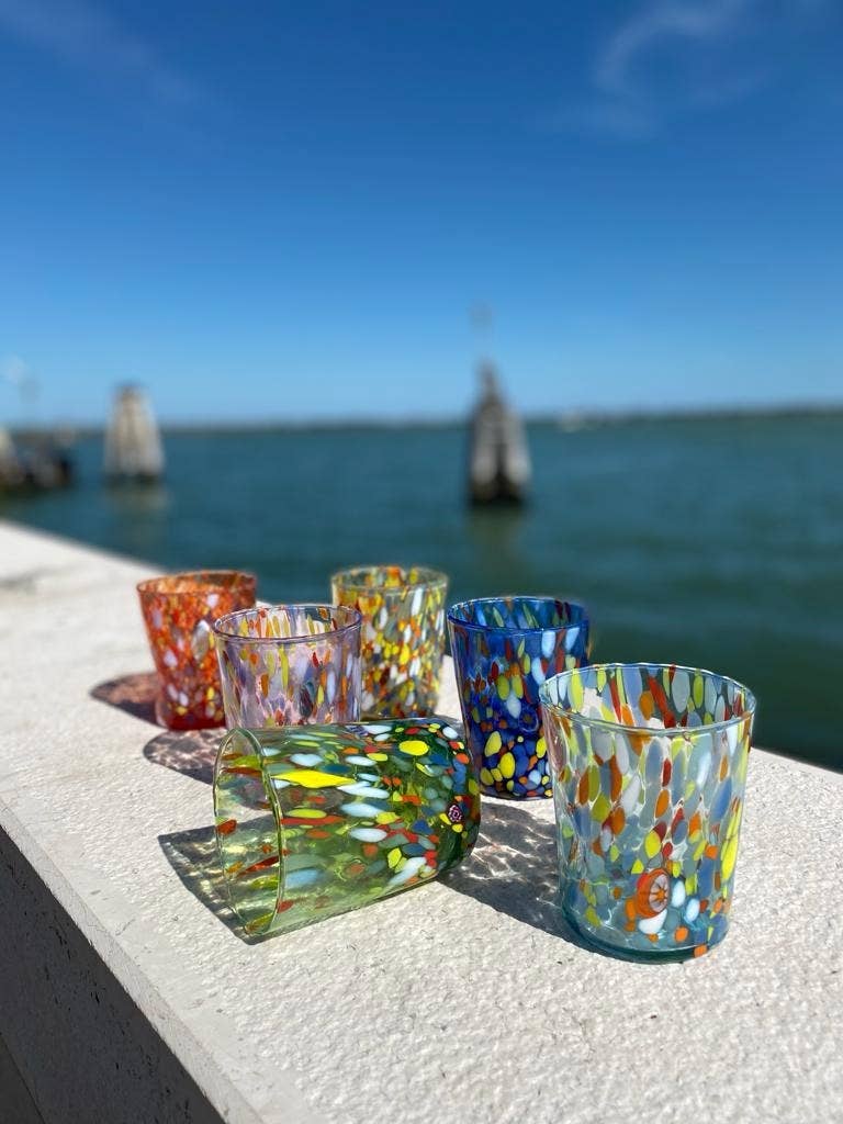 Bicchieri Tumbler Classic in Vetro Soffiati e Lavorati a Mano con Murrine di Murano, linea “I Colori di Murano” 350 ml. Made in Italy: MIX / 6