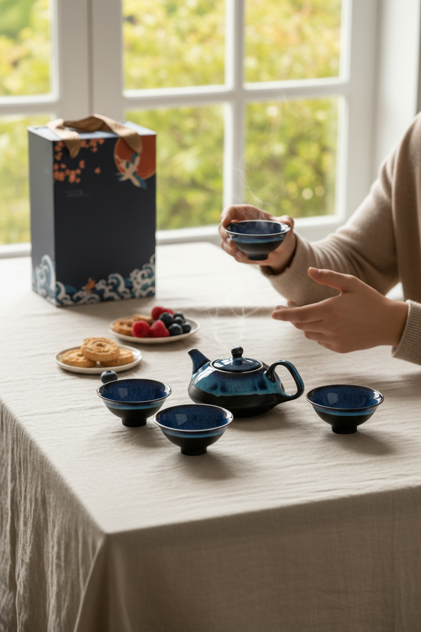 Set da tè in ceramica blu in momento di condivisione - lifestyle photography