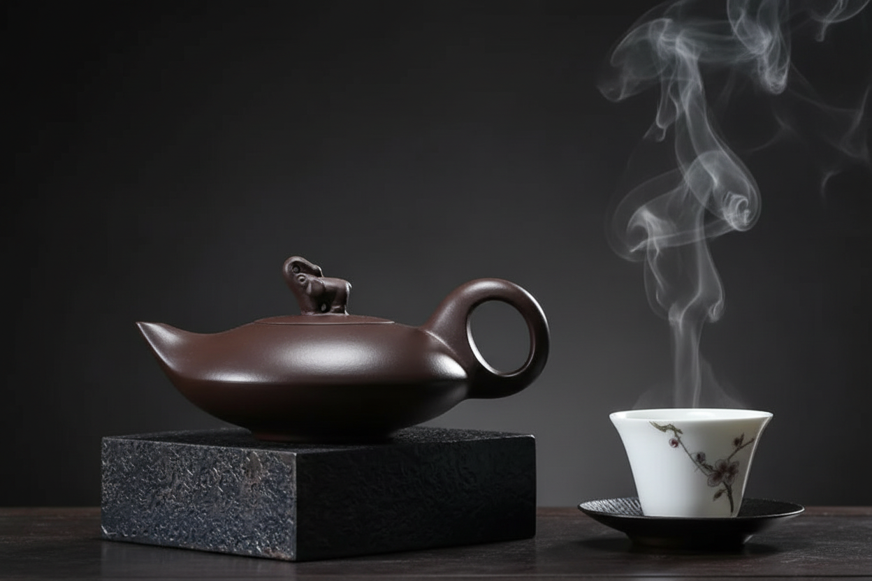 Teiera in argilla viola che versa tè con illuminazione drammatica - hero product