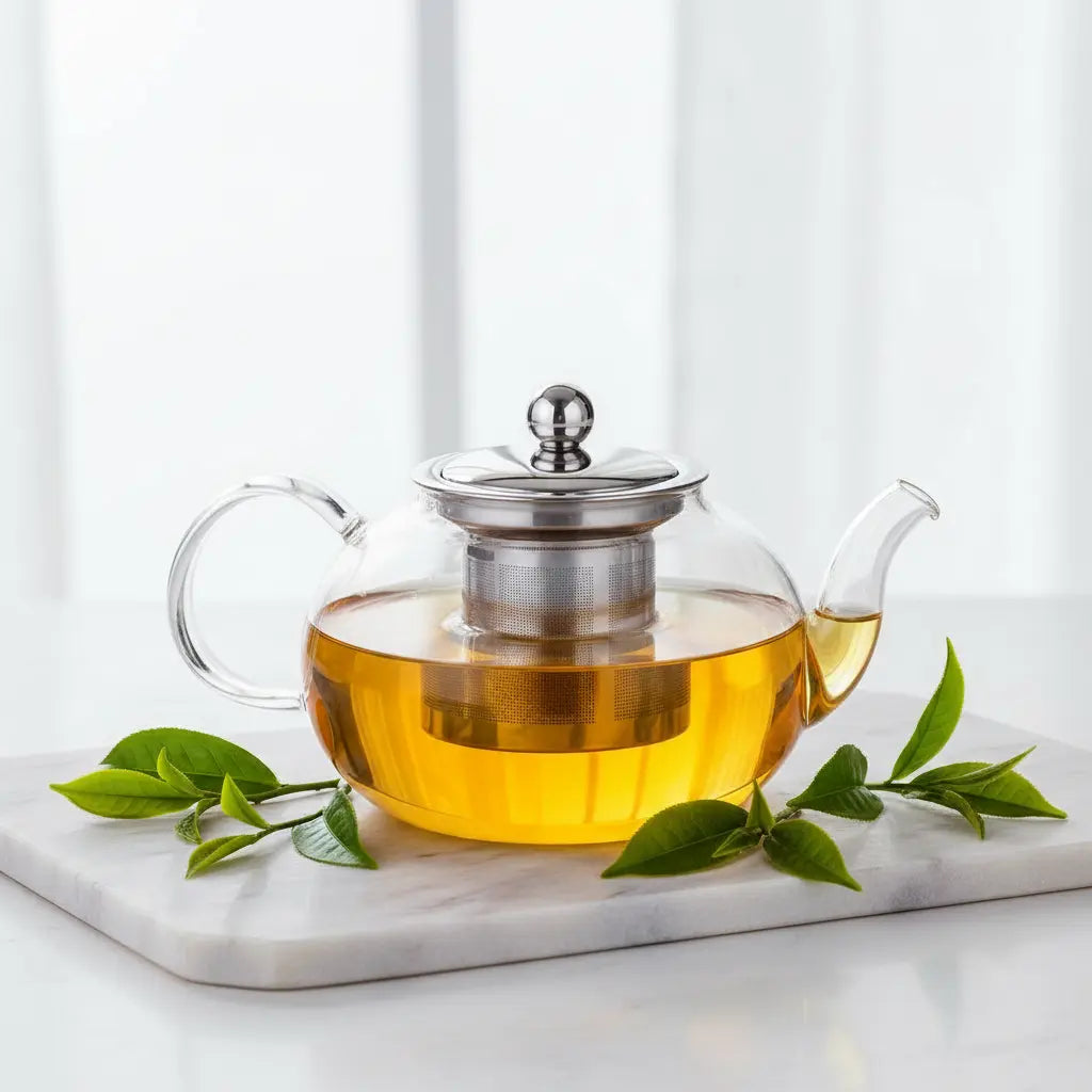Teiera in vetro borosilicato con tè dorato e infusore in acciaio inox su marmo bianco