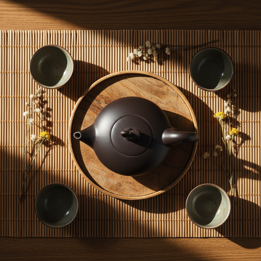 Teiera Yixing in cerimonia del tè tradizionale con tazze e vassoio in legno