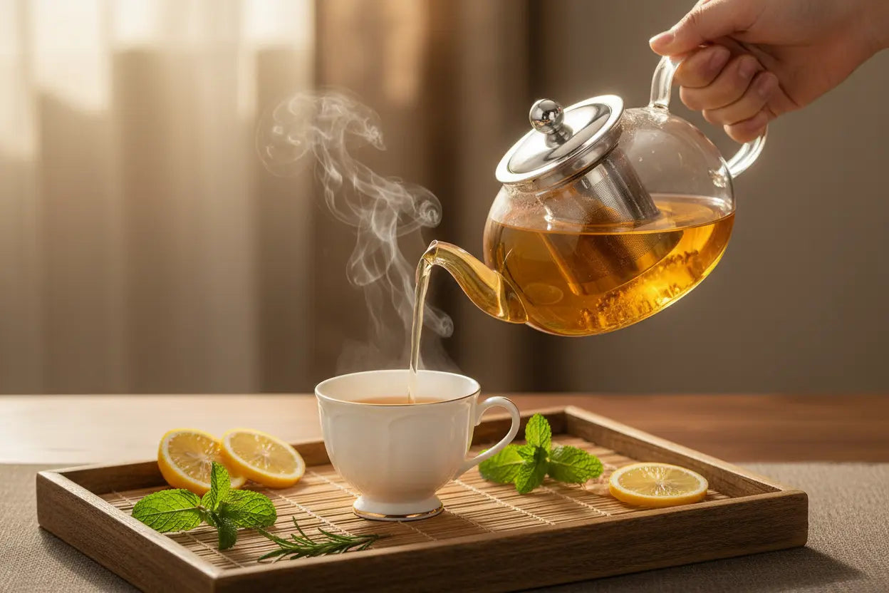 Teiera in vetro che versa tè dorato in tazza - cerimonia del tè lifestyle