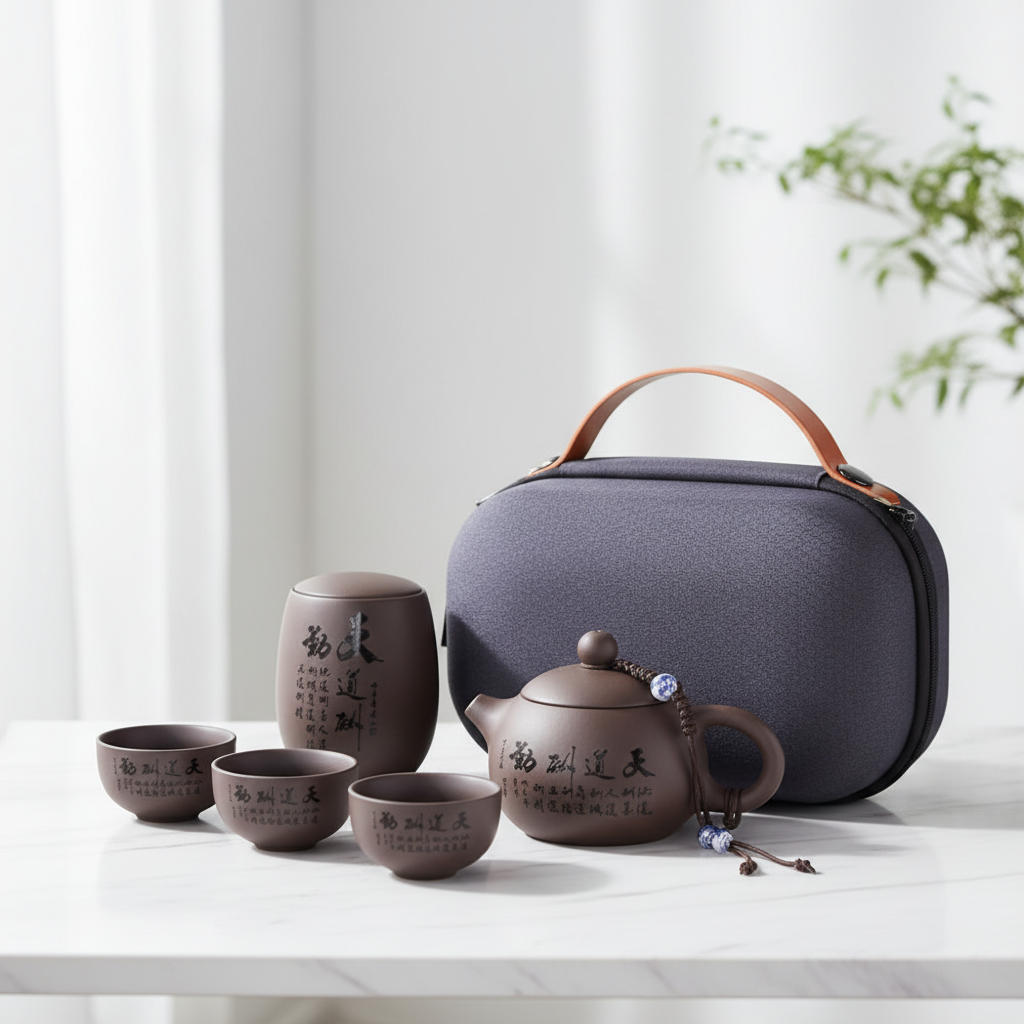 Set da tè da viaggio premium con custodia su marmo bianco - stile minimalista luxury