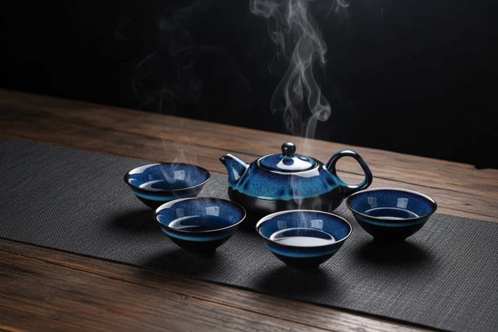 Teiera e tazze in ceramica blu smaltata su tavolo in legno con illuminazione drammatica