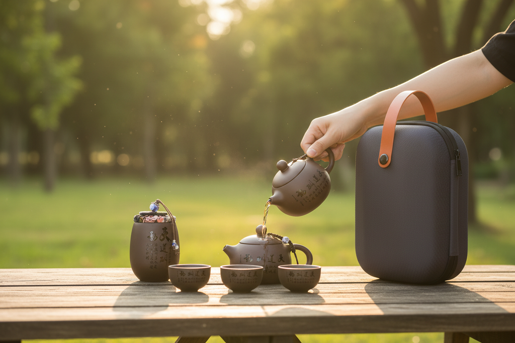 Set da tè portatile in uso all'aperto - lifestyle photography picnic