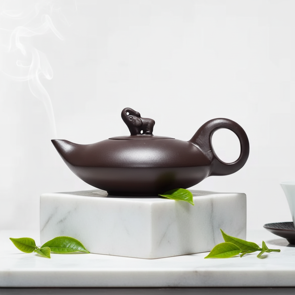 Teiera in argilla viola Yixing su marmo bianco con luce naturale - stile minimalista spa