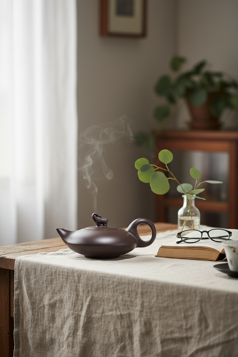 Teiera Yixing in ambientazione lifestyle serena con libro e eucalipto