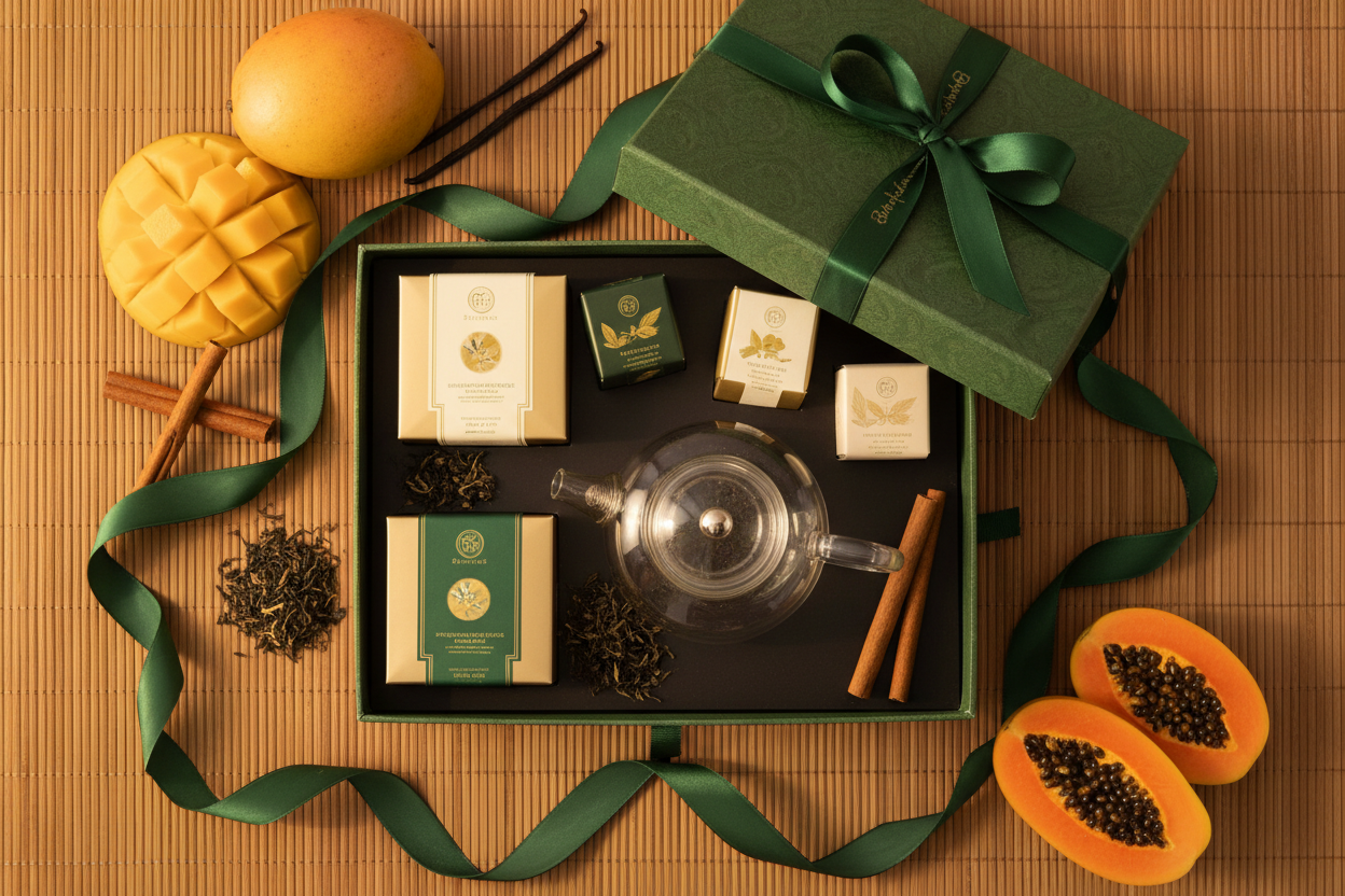 Gift Box Road to Africa verde aperta con tè e frutti tropicali - flat lay cerimonia
