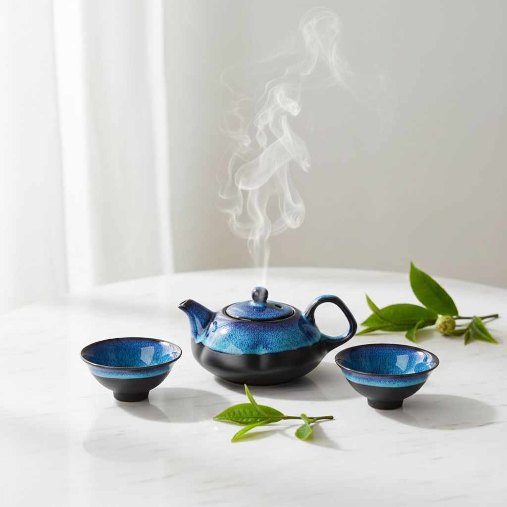 Set da tè in ceramica blu su marmo bianco con luce naturale - stile minimalista premium