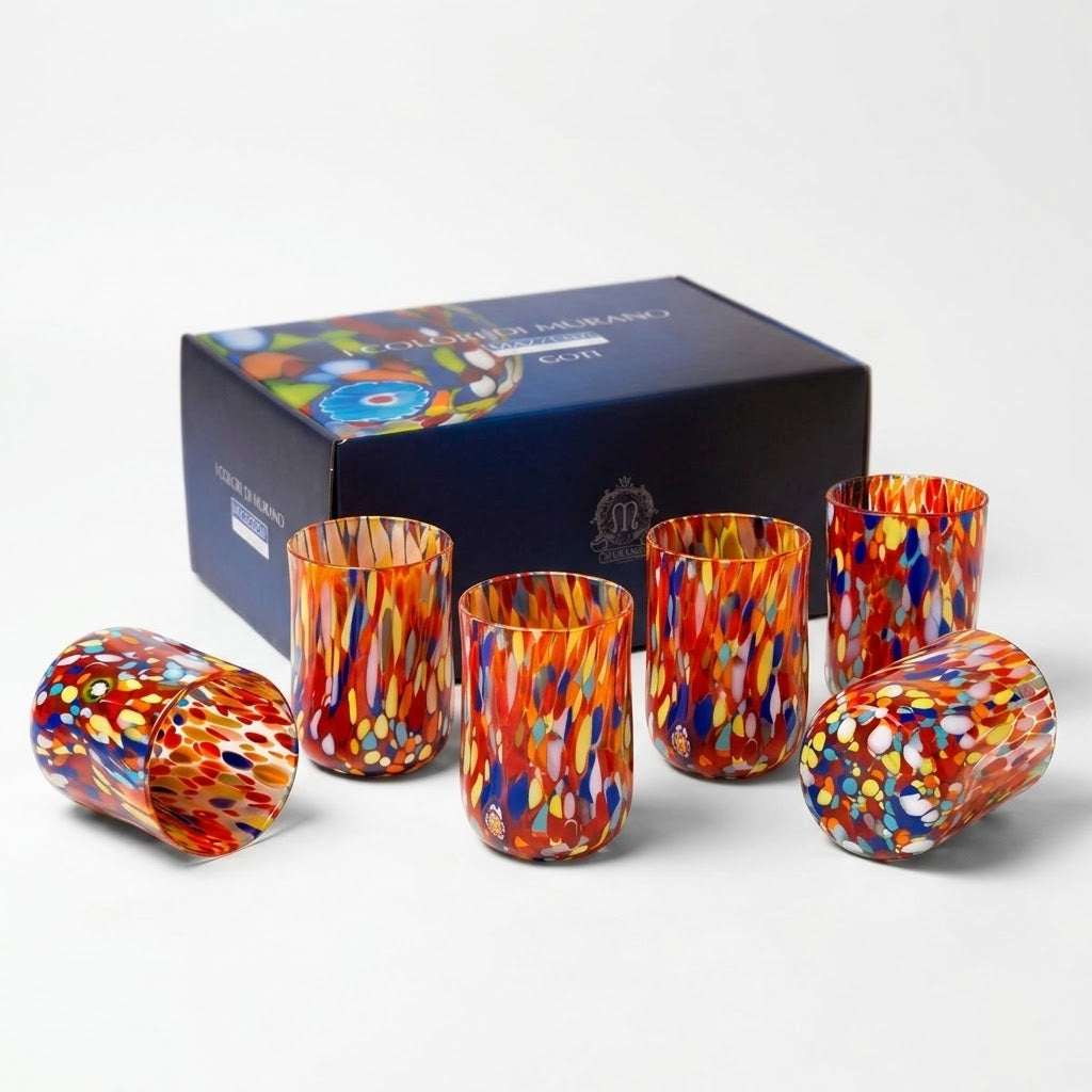 Set di 6 bicchieri cilindro in vetro di Murano rosso con murrine, capacità 400 ml, realizzati da Mazzega Art & Design.
